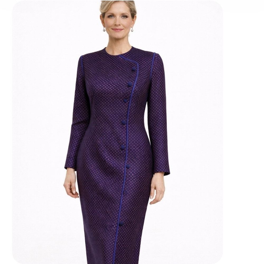 Vintage Purple Patterned Midi Dress with Blue Trim